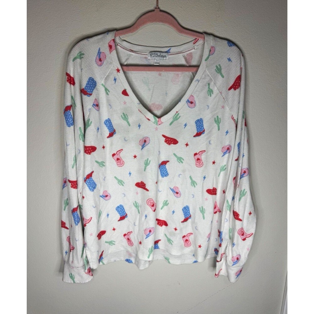 PJ Salvage Women's S Cotton Knit V-Neck Long Sleeve Western Print Pajama Top